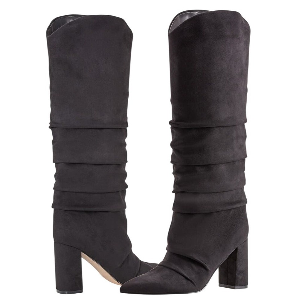 NIB Marc Fisher Black Ruched Pointed Toe Block Heel Knee High Boots 8.5M Modern